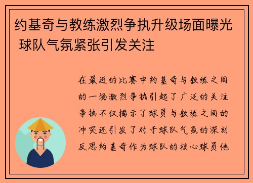 约基奇与教练激烈争执升级场面曝光 球队气氛紧张引发关注