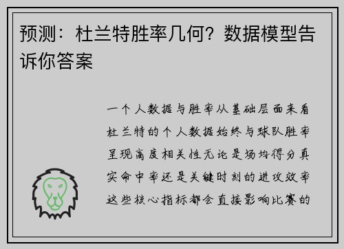 预测：杜兰特胜率几何？数据模型告诉你答案